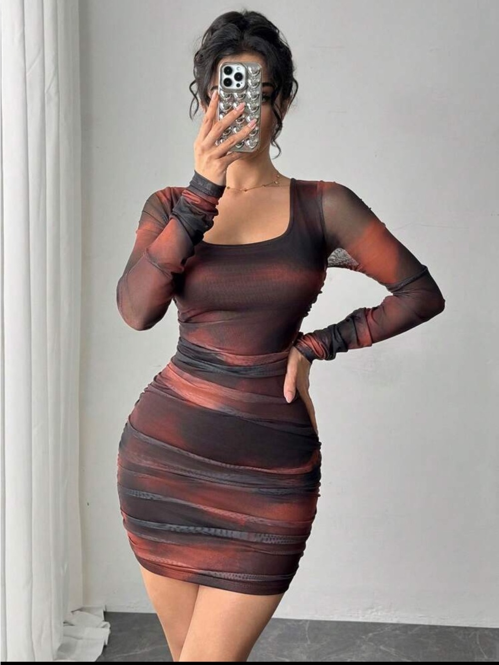 Sheer Long-Sleeve Bodycon Mini Dress in Rust Black